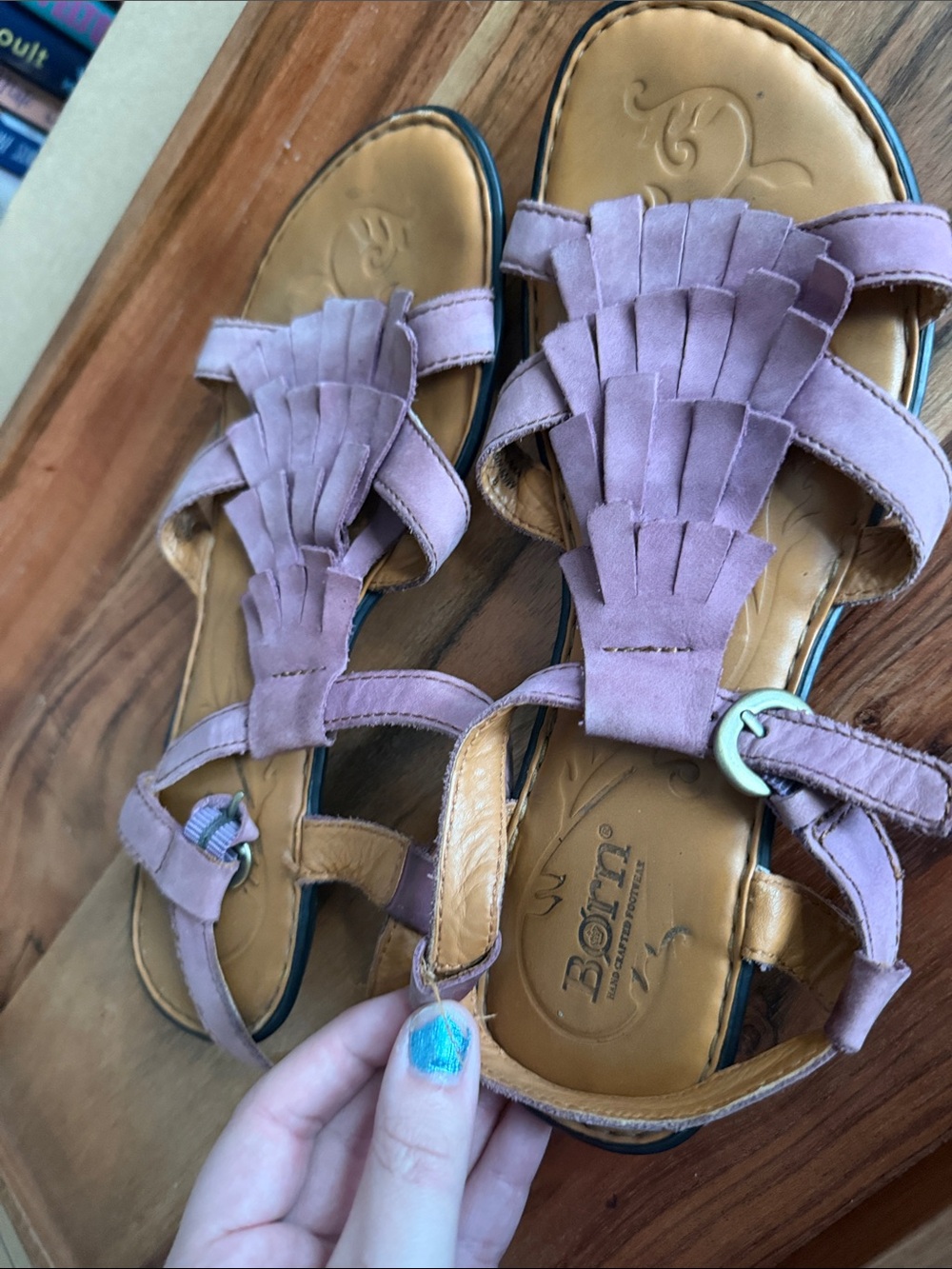 Born Lavender Suede Fringe T-Strap Sandals